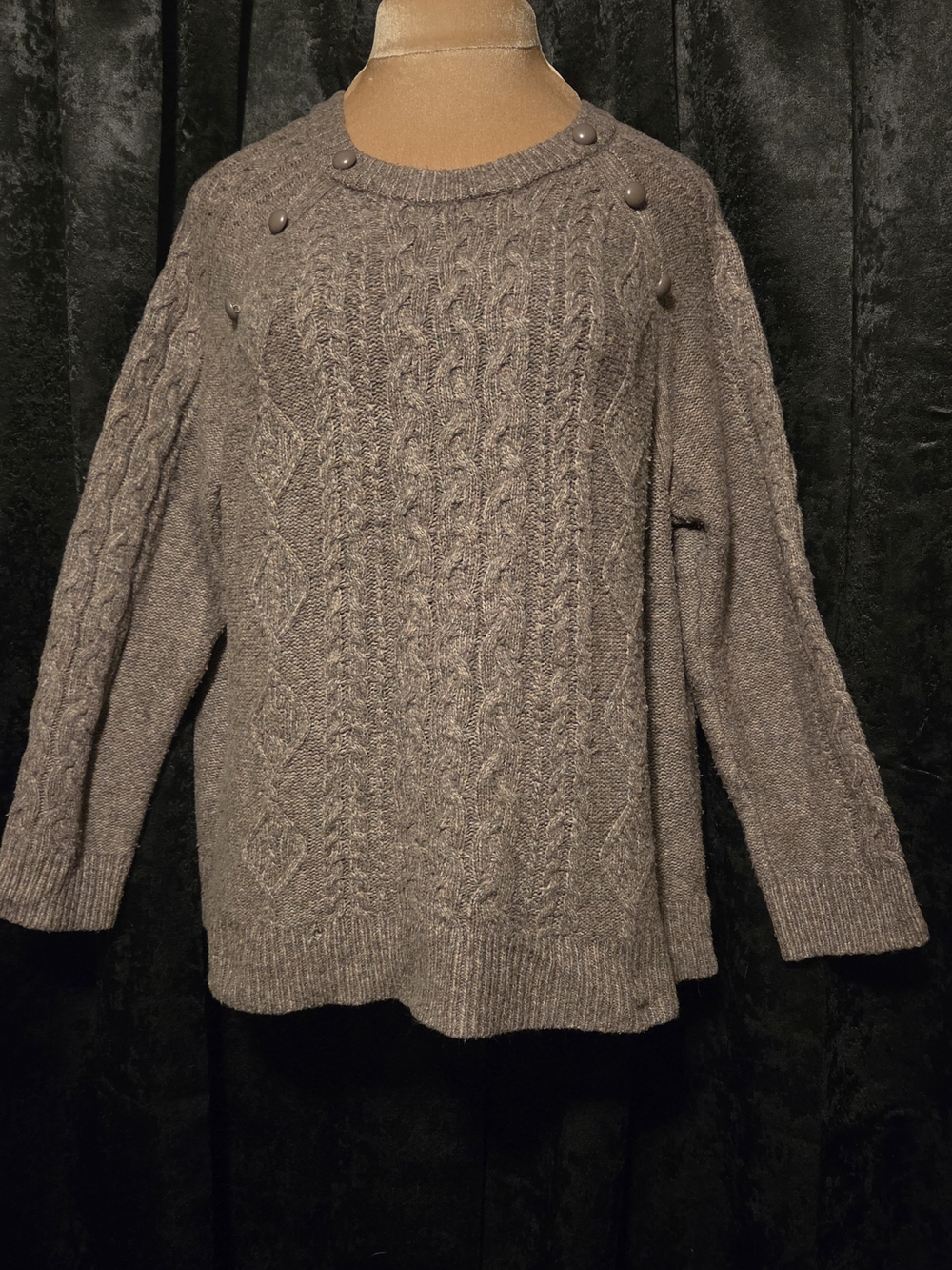 Claiborne Brown Cable Knit Crewneck Sweater with Button Detail